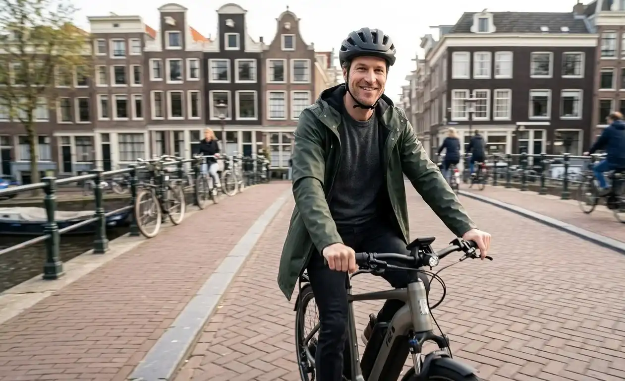Pieter De Groot riding his e-bike through a Dutch city street