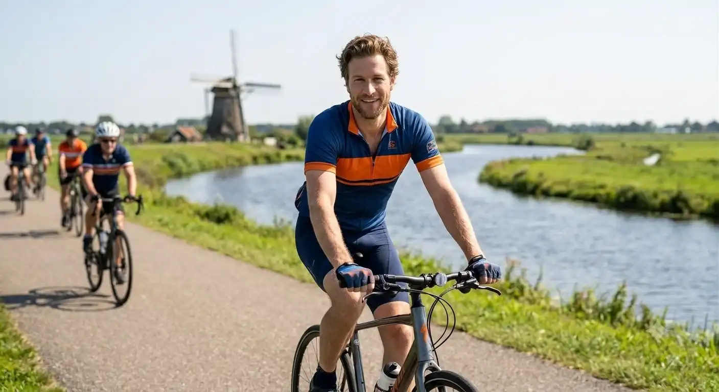 Pieter De Groot leading a group e-bike ride past a Dutch windmill